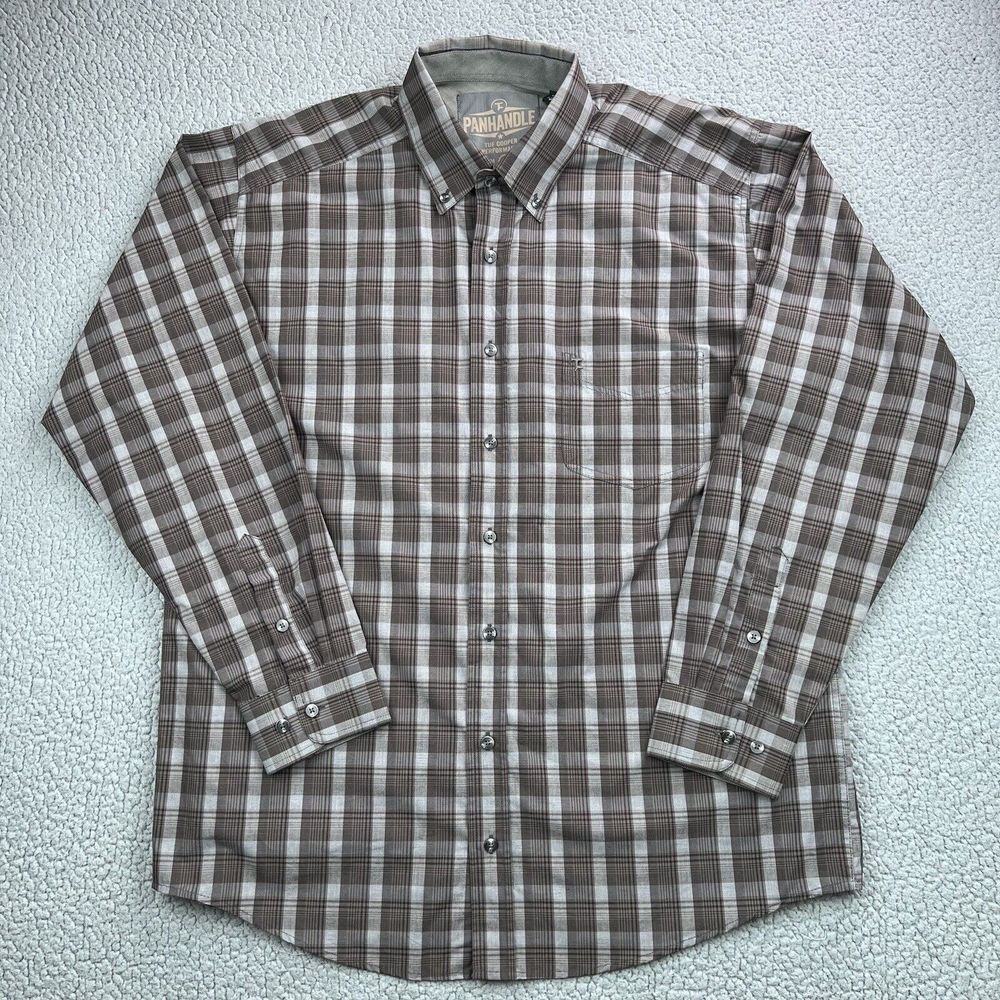 PANHANDLE Shirt Men L Gray Tuf Cooper Plaid Western Long‎ Sleeve Button-Up Ranch